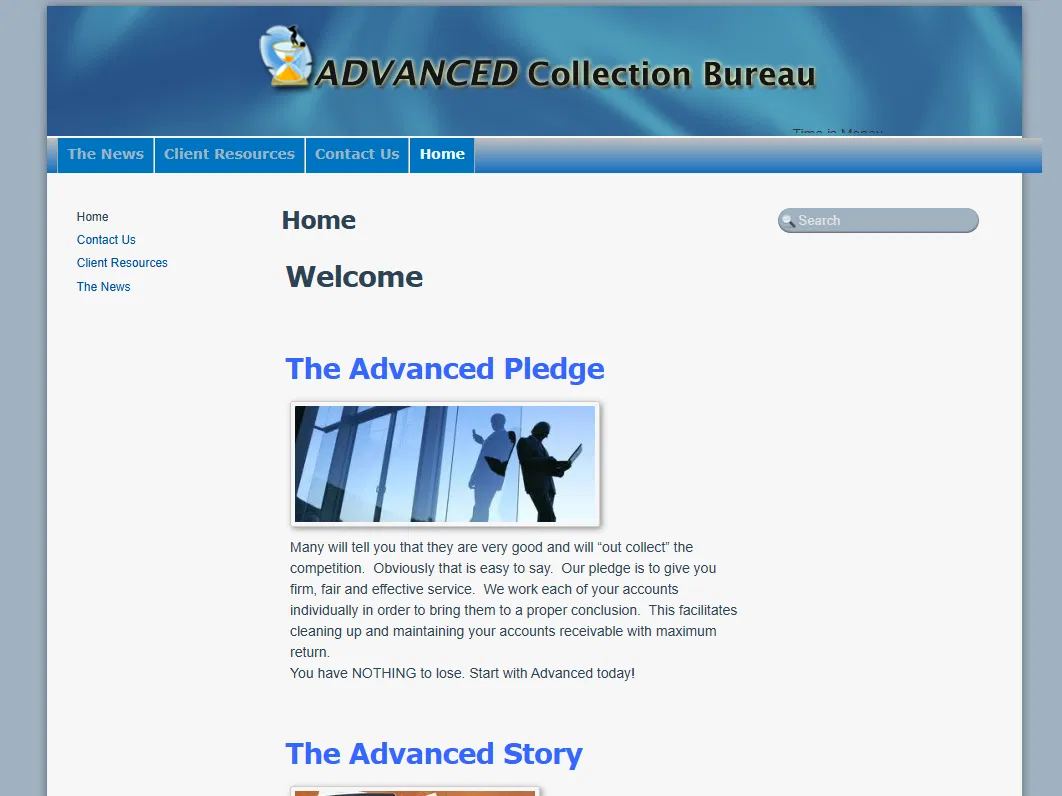 The old ACB website, a generic blue template homepage