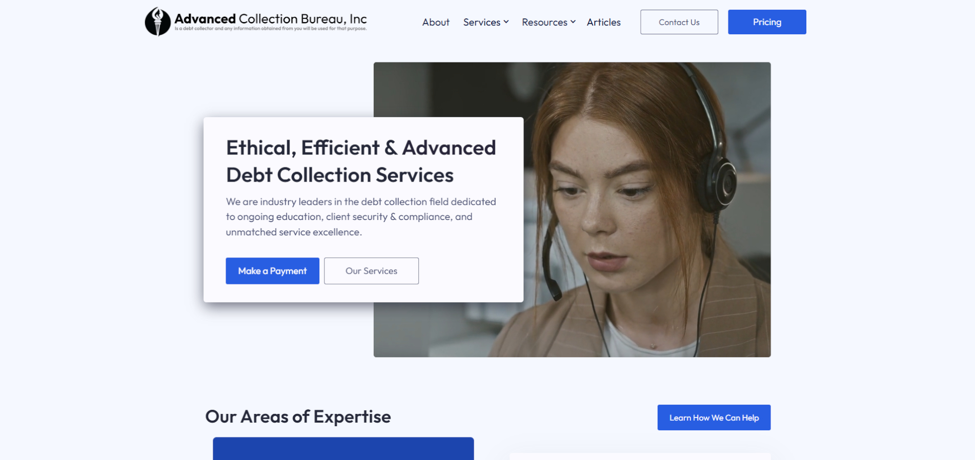 The rebuilt Advanced Collection Bureau site, modern and content-rich