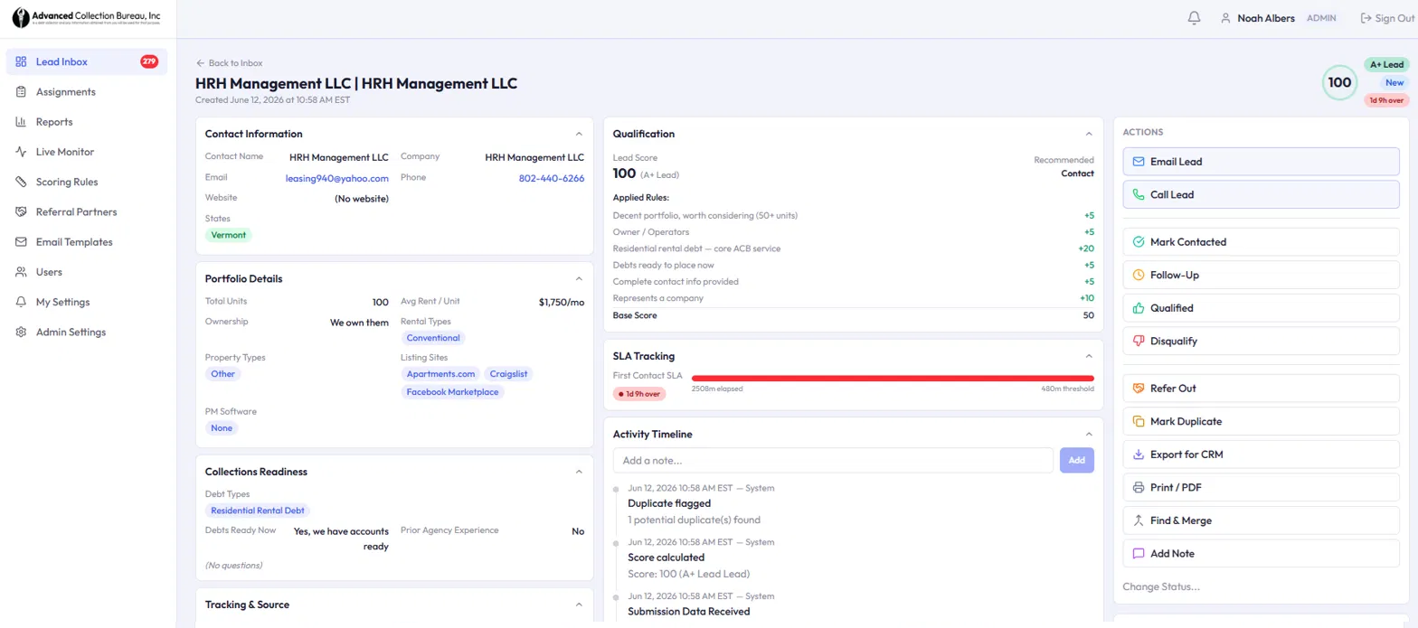 The lead detail view, qualification scoring, SLA tracking, and activity timeline