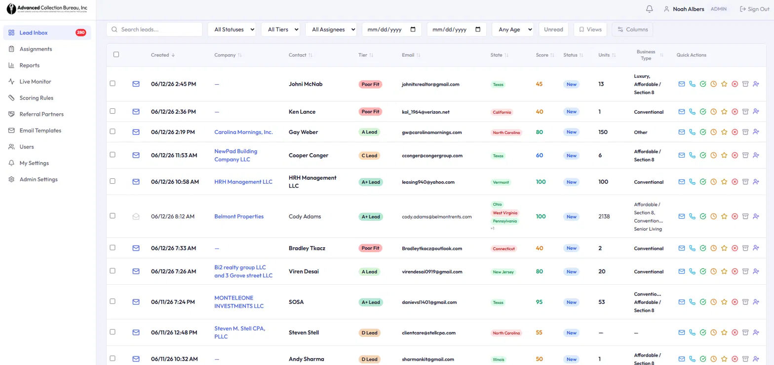 The lead inbox in the custom CRM, scored, tiered, filterable leads